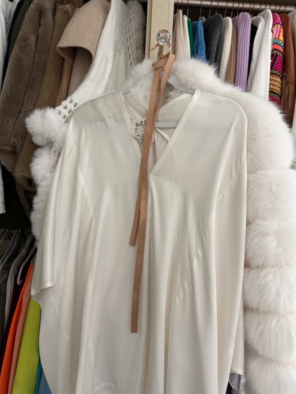 Cream V-Neck Tunic with Tie Neck Detail